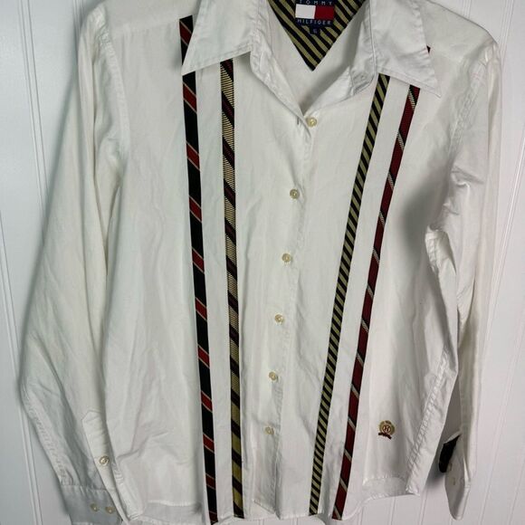 Y2K Top Tommy Hilfiger Size 6 Women Stripes Tie Print Button Down 90s Vtg - Picture 2 of 7